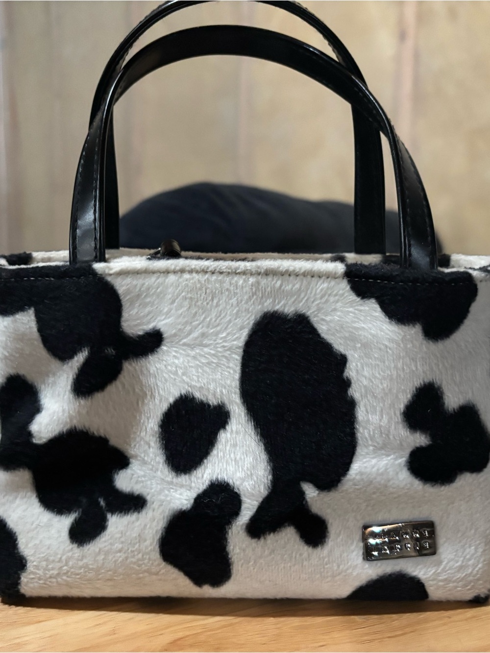 Vintage Black & White Cow-Print Faux Fur Mini Tote